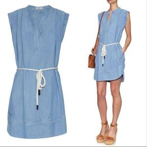 L'Agence  Women's Lyocell Blue Denim V-Neck Tunic Dress Short Sleeve Pleated